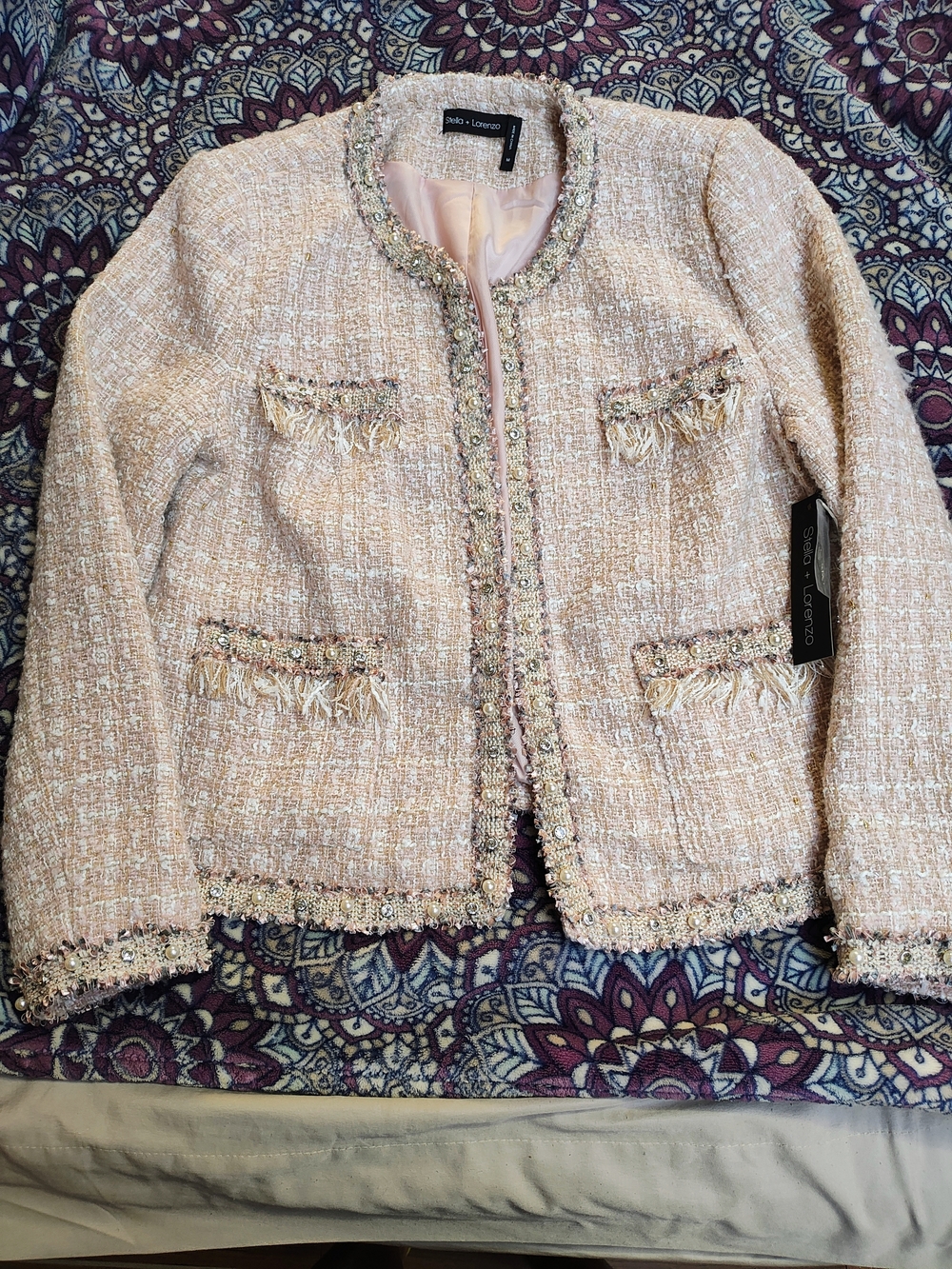 Stella + Lorenzo BlushTweed Fringe Trim Jacket